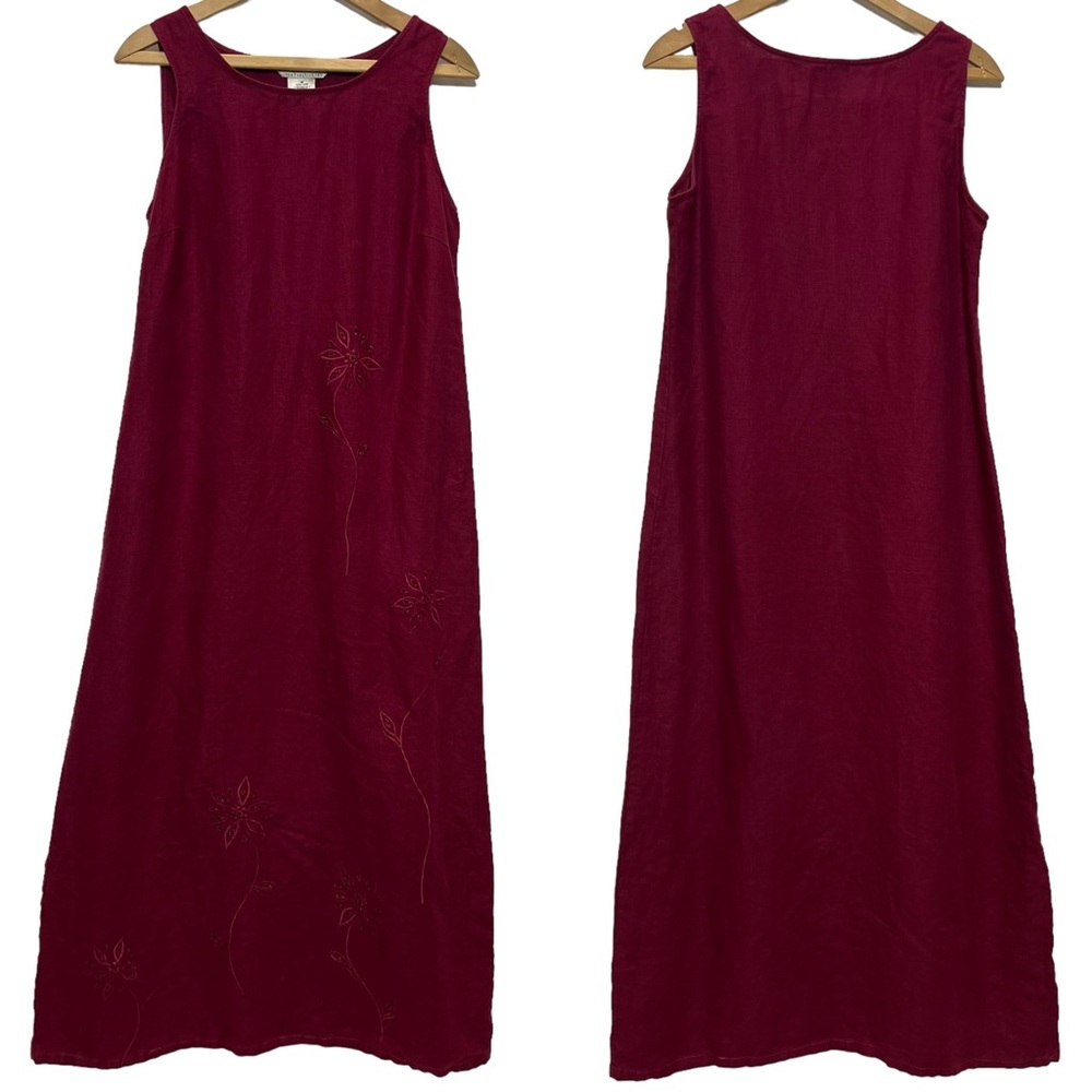JohnPaulRichard 90s pure linen shift floral embroidered wine color maxi dress